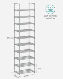 Songmics Storage Tower, 10-Tier Metal Shoe Organizer With Customizable Shelving, Grey - thumbnail 2