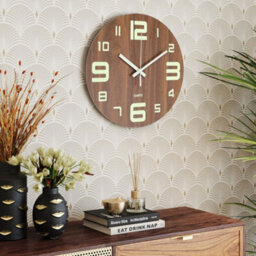 Living And Home Brown Modern Round Luminous Wood Silent Wall Clock 12 Inch - thumbnail 3