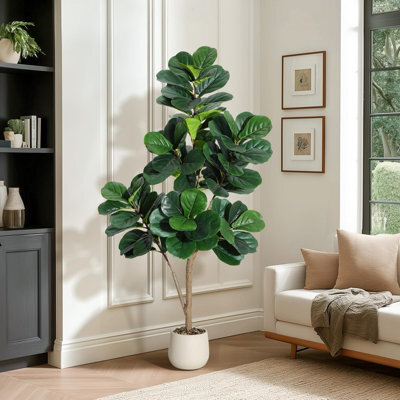 5Ft Realistic Artificial Fiddle Leaf Fig Tree With Decor Stone Indoor Outdoor Floor Lyrata Plant (H)150Cm - image 1