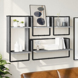 Berkfield 4 Piece Wall Shelf Set With Bars Grey Sonoma Engineered Wood - thumbnail 1