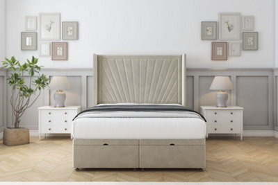 "Sloomy Rutherford Cream Plush Ottoman Bed With Mattress With 54"" Wingback Headboard 5' King" - image 1