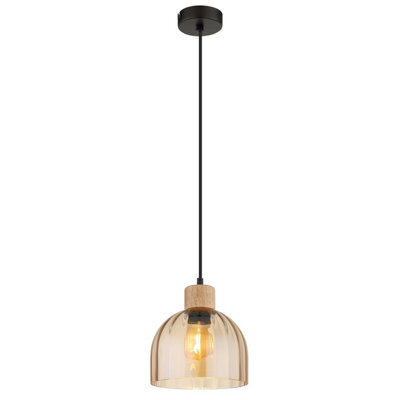 Luminosa Lighting Luminosa Swanson 20Cm Dome Pendant Ceiling Light Matt Black, Glass Amber Shades, E27 - image 1