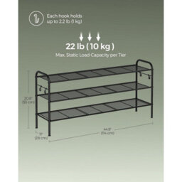 3-Level Shoe Organizer, Adjustable Metal Shelf With Hooks, Entryway Shoe Rack For Closet Or Hallway, Ink Black - thumbnail 2