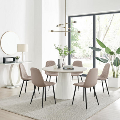 Furniturebox Uk Palma Beige Stone Effect Round Dining Table & 6 Cappuccino Corona Black Leg Chairs - image 1