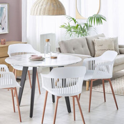 Beliani Set Of 2 White Synthetic Dining Chairs With Open-Work Back And Light-Wood-Effect Metal Legs - thumbnail 2