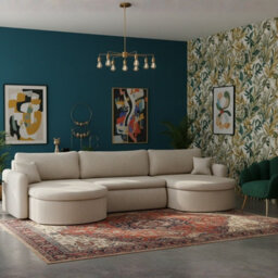 Corner Sofa Verona U With Sleeping Function And Storage Stripy Fabric Cream - thumbnail 1