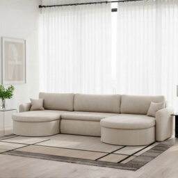 Corner Sofa Verona U With Sleeping Function And Storage Stripy Fabric Cream - thumbnail 2
