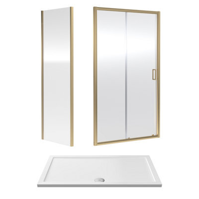 Balterley Ruwa 6mm Toughened Safety Glass Sliding Shower Door, Side Panel And Shower Tray - 1400 X 800 X 1900mm - Brushed Brass/white - image 1