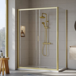Balterley Ruwa 6mm Toughened Safety Glass Sliding Shower Door, Side Panel And Shower Tray - 1400 X 800 X 1900mm - Brushed Brass/white - thumbnail 3