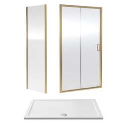 Balterley Ruwa 6mm Toughened Safety Glass Sliding Shower Door, Side Panel And Shower Tray - 1400 X 800 X 1900mm - Brushed Brass/white - thumbnail 1