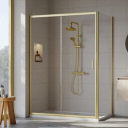 Balterley Ruwa 6mm Toughened Safety Glass Sliding Shower Door, Side Panel And Shower Tray - 1400 X 800 X 1900mm - Brushed Brass/white - thumbnail 2