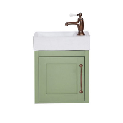 Homestylestore Pastel Green 400mm Wall Hung Bathroom Vanity Unit And Aged Bronze T Bar Handle - image 1