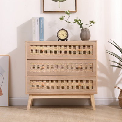 Furniturehmd 3-Drawer Ratten Bedroom Dresser,chest Of Drawer,storage Organiser Unit,round Wooden Handle - image 1