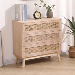 Furniturehmd 3-Drawer Ratten Bedroom Dresser,chest Of Drawer,storage Organiser Unit,round Wooden Handle - thumbnail 2