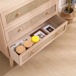 Furniturehmd 3-Drawer Ratten Bedroom Dresser,chest Of Drawer,storage Organiser Unit,round Wooden Handle - thumbnail 4