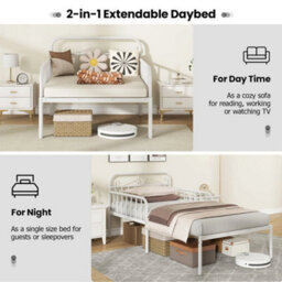 Bed-White Metal Daybed Extendable Daybed To Single Size Bed Sofa - thumbnail 3