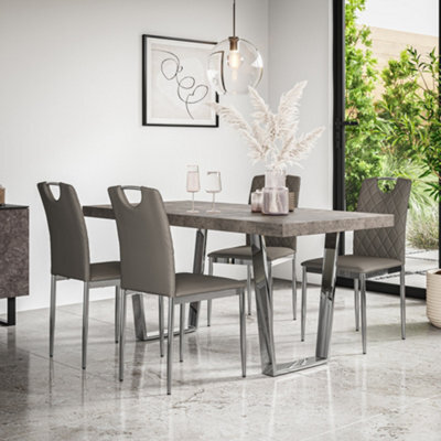 More4Homes Aria Dining Table And Chairs - Concrete Effect Table Top W Chrome Legs + 6 Monza Faux Leather Dining Chairs W Chrome Legs (Grey) - image 1