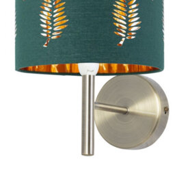 First Choice Lighting Set Of 2 Brea - Antique Brass Wall Lights With Dark Green Fern Shades - thumbnail 3