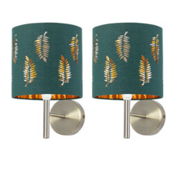 First Choice Lighting Set Of 2 Brea - Antique Brass Wall Lights With Dark Green Fern Shades - thumbnail 1