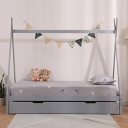 SlumberWorx Harry Kids Childrens Wooden Teepee Tent Single Bed Frame With Guest Trundle (Grey) - thumbnail 2
