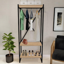 Urbn-Living Urbnliving 160Cm Height 3 Tier Sapphire Oak Wooden Coat Rack And Shoe Storage Stand With Metal Frame - thumbnail 2