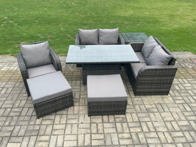 Fimous 7 Seater Rattan Furniture Garden Dining Set Outdoor Height Adjustable Rising Lifting Table Love Sofa Chair With Side Table - image 1