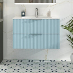 Royal Bathrooms Evora 800mm Powder Blue Fluted Wall Hung Bathroom Vanity Unit 2 Drawer Cabinet Storage With Ceramic Basin Sink - 1 Tap Hole