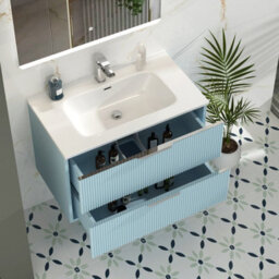 Royal Bathrooms Evora 800mm Powder Blue Fluted Wall Hung Bathroom Vanity Unit 2 Drawer Cabinet Storage With Ceramic Basin Sink - 1 Tap Hole - thumbnail 3