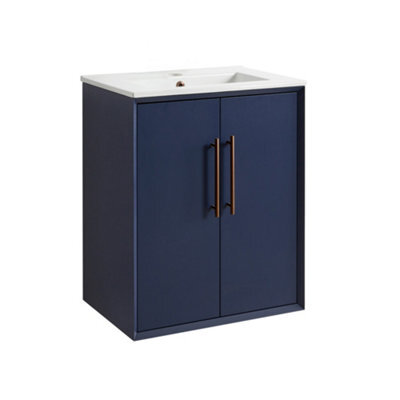 Homestylestore Navy Blue 610mm Wall Hung Bathroom Vanity Unit With Basin And Brushed Copper T Bar Handle - image 1