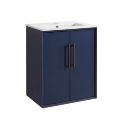 Homestylestore Navy Blue 610mm Wall Hung Bathroom Vanity Unit With Basin And Brushed Copper T Bar Handle - thumbnail 1