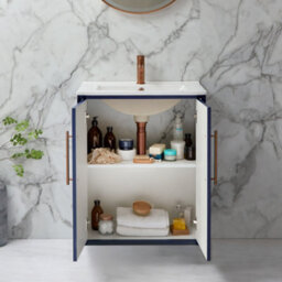Homestylestore Navy Blue 610mm Wall Hung Bathroom Vanity Unit With Basin And Brushed Copper T Bar Handle - thumbnail 2
