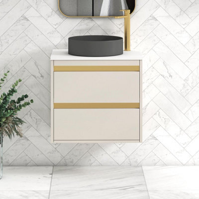 Royal Bathrooms Orion 600mm Warm Taupe Wall Hung Plain White Countertop Vanity Unit 2 Drawer With Art Round Basin & Brushed Brass Accent Trim - image 1