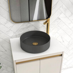 Royal Bathrooms Orion 600mm Warm Taupe Wall Hung Plain White Countertop Vanity Unit 2 Drawer With Art Round Basin & Brushed Brass Accent Trim - thumbnail 5