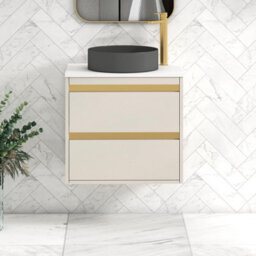 Royal Bathrooms Orion 600mm Warm Taupe Wall Hung Plain White Countertop Vanity Unit 2 Drawer With Art Round Basin & Brushed Brass Accent Trim - thumbnail 2