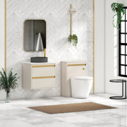 Royal Bathrooms Orion 600mm Warm Taupe Wall Hung Plain White Countertop Vanity Unit 2 Drawer With Art Round Basin & Brushed Brass Accent Trim - thumbnail 3