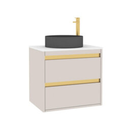 Royal Bathrooms Orion 600mm Warm Taupe Wall Hung Plain White Countertop Vanity Unit 2 Drawer With Art Round Basin & Brushed Brass Accent Trim - thumbnail 6