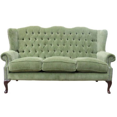 Chesterfield 3 Seater Flat Wing High Back Sofa Aruba Forest Green Fabric In Queen Anne Style - image 1