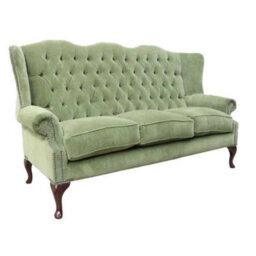 Chesterfield 3 Seater Flat Wing High Back Sofa Aruba Forest Green Fabric In Queen Anne Style - thumbnail 2