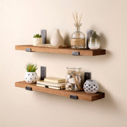 Off the Grain Wall Mounted Shelves - Set Of Two Walnut Shelves With Inverted Brackets - 140Cm - thumbnail 1