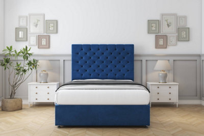 "Sloomy Mayfair Navy Plush Divan Bed With Mattress 4 Drawers With 54"" Floor Standing Headboard 4' Small Double" - image 1