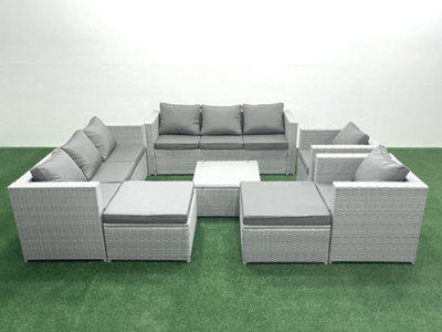 Fimous Outdoor Rattan Sofa Garden Furniture Set 2 Armchairs Square Coffee Table 2 Big Stools Light Grey - image 1