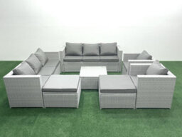 Fimous Outdoor Rattan Sofa Garden Furniture Set 2 Armchairs Square Coffee Table 2 Big Stools Light Grey - thumbnail 1