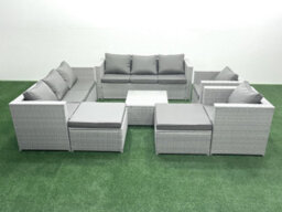 Fimous Outdoor Rattan Sofa Garden Furniture Set 2 Armchairs Square Coffee Table 2 Big Stools Light Grey - thumbnail 2