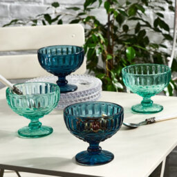 Dibor Set Of 4 Vintage Blue & Turquoise Blue Glass Trifle Bowl And Dessert Bowls 300Ml