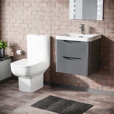 Nes Home Grey 500mm Wall Hung Vanity Basin Unit & Close Coupled Toilet - image 1