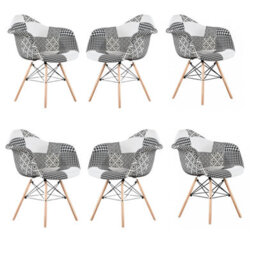 Life Interiors Set Of 6 Black/white Patchwork Accent Chairs With Wooden Legs And Black Metal Wire Frame