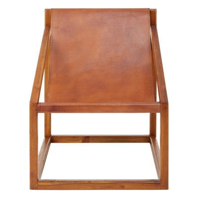 Orsina Brown Cubic Frame Chair,leather Upholstered Armchair,teak Wood Accent Chair For Lounge,comfy Patio Chair - image 1
