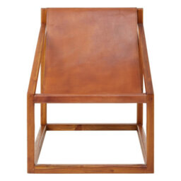 Orsina Brown Cubic Frame Chair,leather Upholstered Armchair,teak Wood Accent Chair For Lounge,comfy Patio Chair - thumbnail 1