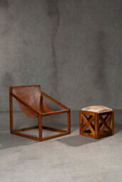 Orsina Brown Cubic Frame Chair,leather Upholstered Armchair,teak Wood Accent Chair For Lounge,comfy Patio Chair - thumbnail 2