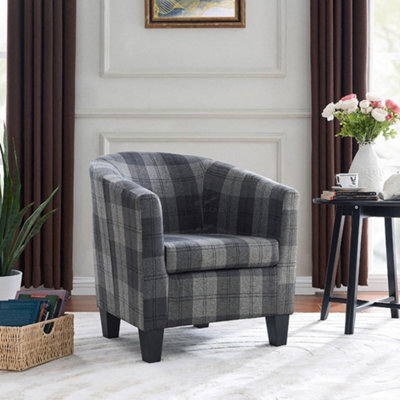 Home Detail Canberra Accent Bucket Tub Chair Occasional Armchair Wood Effect Legs Grey Tartan Fabric Foam Padded Backrest Seat - image 1